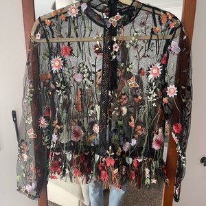 Nasty Gal floral mesh high neck top - Small
